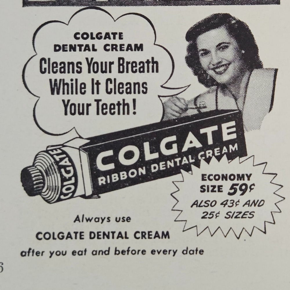 1949 Colgate Ribbon Dental Cream Vintage Print Ad Panel Comic Couple Owl Dentist